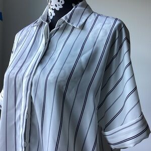 Navy Blue Striped White Button Up